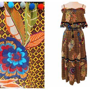 Derhy K Womens Size S Floral Geometric PomPom Trim Off Shoulder Boho Maxi Dress